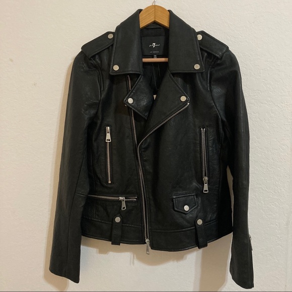 7 For All Mankind Jackets & Blazers - 7 For All Mankind Black Leather Moto Jacket Size M